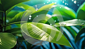 Background of tropical leaves with clear water in the background, concept of relaxation and cleanliness,