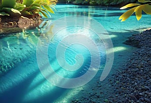 Background of tropical leaves with clear water in the background, concept of relaxation and cleanliness,