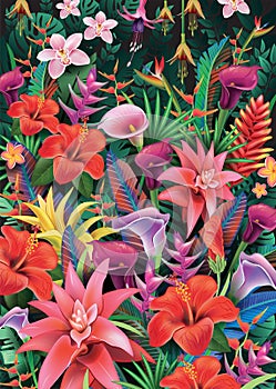 Background from tropical plants and exotic flowers