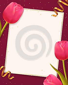 Background with tulips and blank paper sheet.