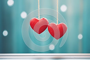 Background with two red hearts. Love and Valentine's Day concept. Copy space for text.