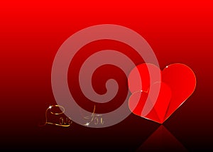 Background with two red paper hearts into a cutout, Valentine`s day concept in dark red background