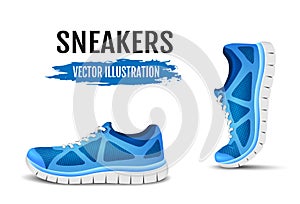 Background of two running shoes. Blue sport shoes for running. Blue curved sport shoes for running