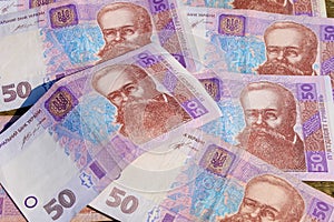 Background of Ukrainian money hryvnia nominal value of fifty