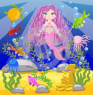 background with an underwater world in a children\'s style. A mermaid is sitting on a rock. Wooden chest with gold on the bottom o