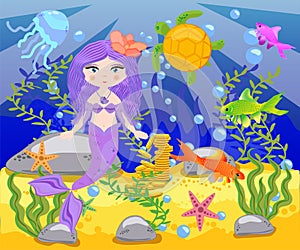 background with an underwater world in a children's style. A mermaid is sitting on a rock. Wooden chest with gold on the bottom o
