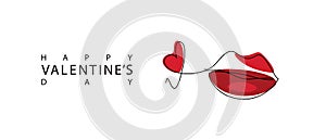 Background for Valentine's Day.Lips drawn in a continuous line.
