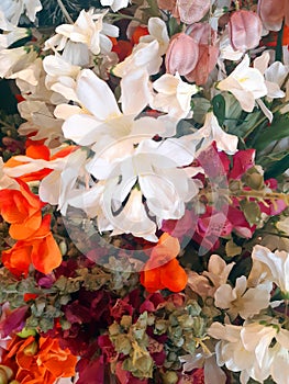 Background of variety of white and orange flowers. Bunch of flowers. Bunch of flowers. Weddings, baptisms. Flora, branding and