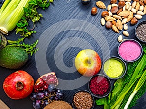 Background of Various colorful superfoods background, vitamins and nutrition concept