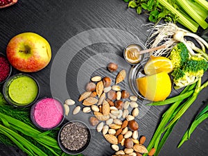 Background of Various colorful superfoods background, vitamins and nutrition concept