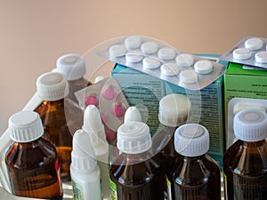 Background with various medicines in packs. Background for pharmacies, clinics, hospitals, industry photo