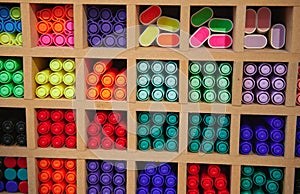 A background of various multicolored felt tip pens, watercolor markers and pens for underline in the office supply store