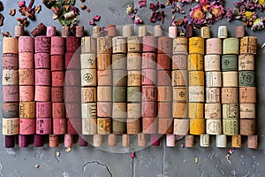 Background of various wine corks arranged in rows, different colors and textures