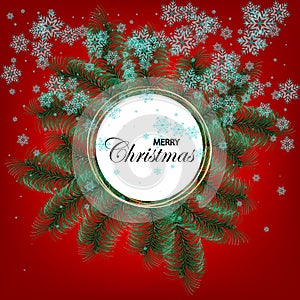 Background with vector christmas tree branches and space for text. Realistic fir-tree border, frame isolated on white