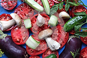 Background of vegetables and mushrooms-eggplant, tomatoes, onions, cucumbers, garlic-close-up, top view