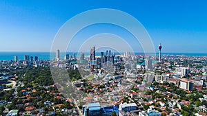 Background View of the Colombo city skyline with modern architecture buildings including the lotus towers