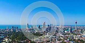 Background View of the Colombo city skyline with modern architecture buildings including the lotus towers