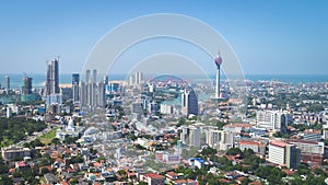 Background View of the Colombo city skyline with modern architecture buildings including the lotus towers