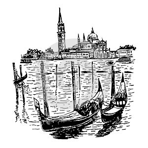 Background view from St. Marks Square and the lagoon island with kampanilla, in Venice, Italy, a sketch hand drawn