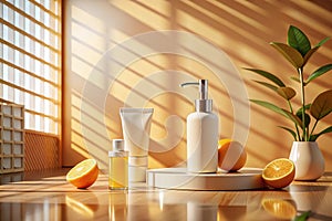 Background Wall bg kitchen Studio Shadow Podium Table Product Backdrop Room Orange Beige Pattern Gradient Light Bg 3d Mockup photo