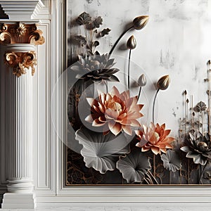 Background wall murals floral lotus plaster column