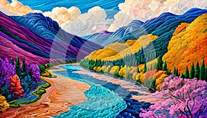 Background wallpaper colorful light mountain valley river flow artist paint color
