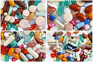 Drugs pills supplements pile collage