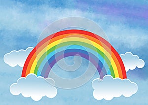 Background or wallpaper with rainbow over blue sky with clouds. Illustration.