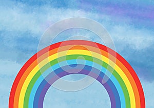 Background or wallpaper with rainbow over blue sky with clouds. Illustration.