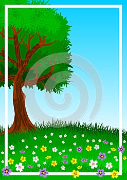 Background or wallpaper with the theme of a lone tree on green and flowery hill. Illustration.