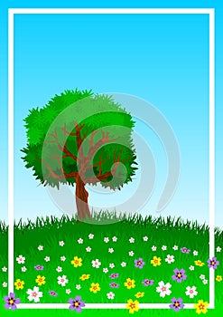 Background or wallpaper with the theme of a lone tree on green and flowery hill. Illustration.