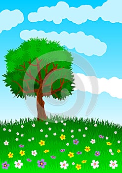 Background or wallpaper with the theme of a lone tree on green and flowery hill. Illustration.