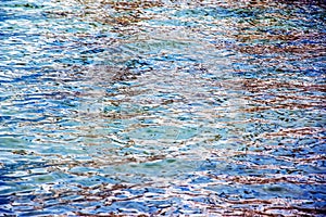 Background of the water of Lake Traunsee in the coastal area. Colorful texture of stones under water