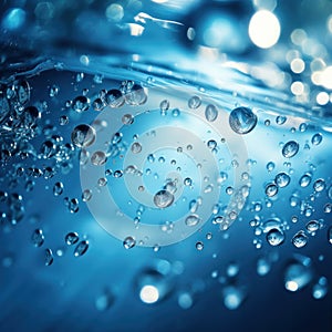 Background of water wave with oxygen bubbles in the underwater clear liquid flowing up to the water surface