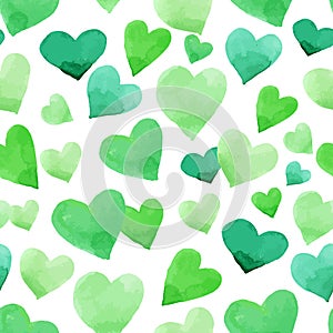 Background with watercolor hearts. Green seamless Irish pattern for St. Patrickâ€™s Day