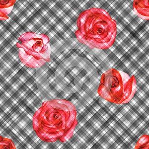 Background with watercolor pink red roses on black and white stripes plaid seamless pattern