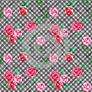 Background with watercolor pink red roses on black and white stripes plaid seamless pattern
