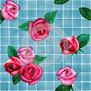 Background with watercolor pink red roses on blue stripes plaid seamless pattern