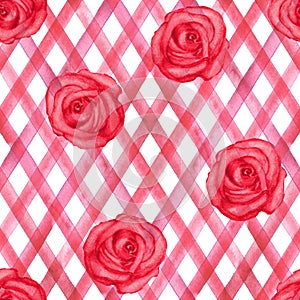 Background with watercolor pink red roses on diagonal red stripes gingham plaid seamless pattern