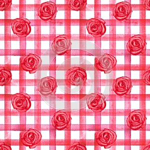 Background with watercolor pink red roses on red stripes gingham plaid seamless pattern