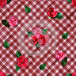 Background with watercolor pink red roses on red stripes plaid seamless pattern