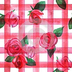 Background with watercolor pink red roses on red stripes plaid seamless pattern