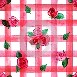 Background with watercolor pink red roses on red stripes plaid seamless pattern