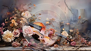 background watercolor style romance roses petal and vintage Violin AI Generated