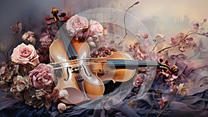 background watercolor style romance roses petal and vintage Violin AI Generated