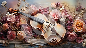 background watercolor style romance roses petal and vintage Violin AI Generated