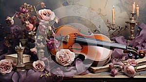 background watercolor style romance roses petal and vintage Violin AI Generated