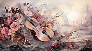 background watercolor style romance roses petal and vintage Violin AI Generated