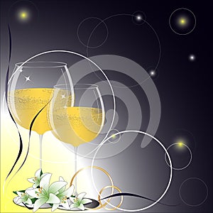 Background for a wedding card, a ring and champagne.