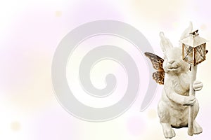 Background - white bunny with wings and lantern decor isolated on pastel panel - Easter or Spring